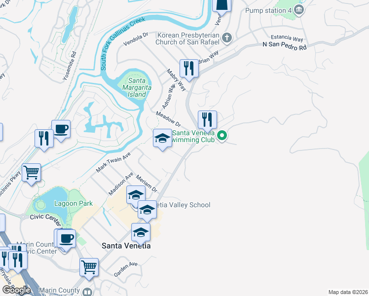 map of restaurants, bars, coffee shops, grocery stores, and more near 269 North San Pedro Road in San Rafael