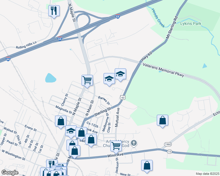map of restaurants, bars, coffee shops, grocery stores, and more near 350 Mount Sterling Road in Winchester