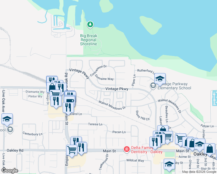 map of restaurants, bars, coffee shops, grocery stores, and more near 1738 Chandon Way in Oakley