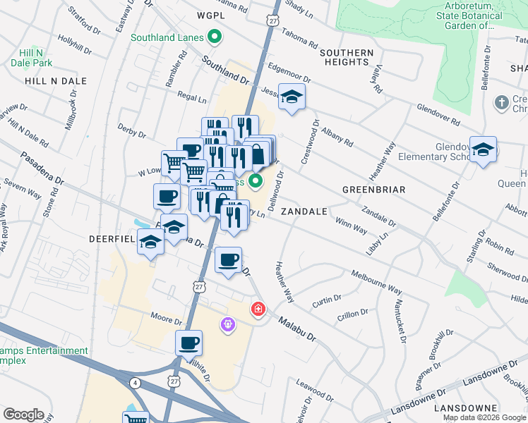 map of restaurants, bars, coffee shops, grocery stores, and more near 143 East Lowry Lane in Lexington