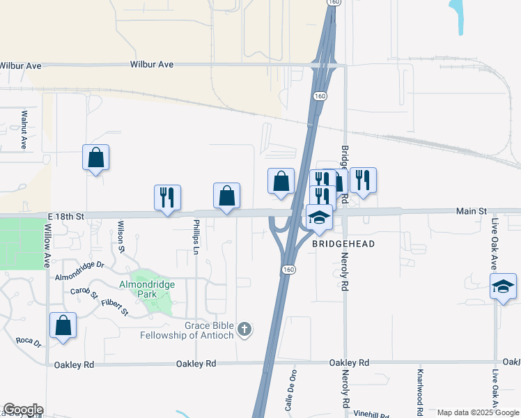 map of restaurants, bars, coffee shops, grocery stores, and more near 1742 Drive in Way in Antioch