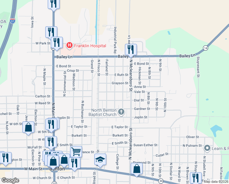 map of restaurants, bars, coffee shops, grocery stores, and more near 799 Anna St in Benton
