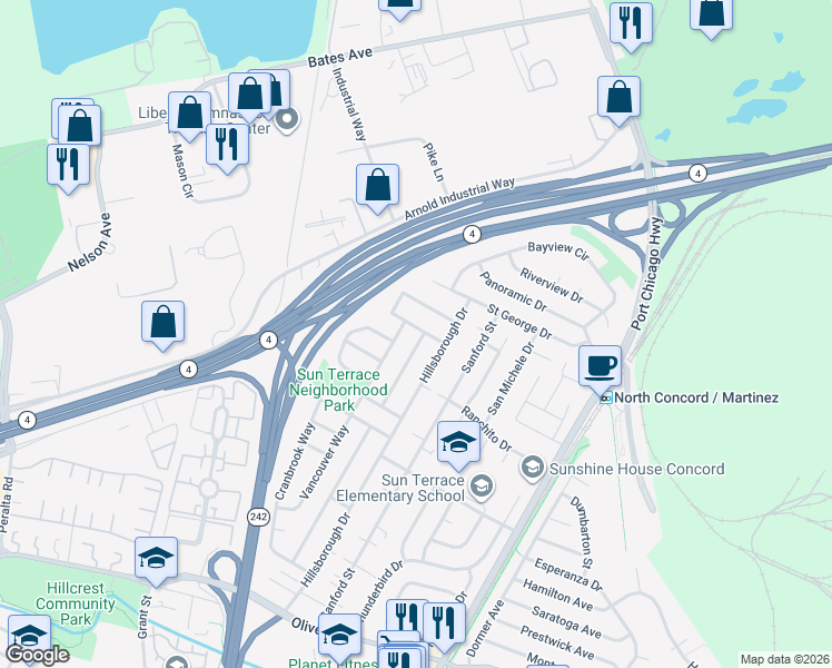 map of restaurants, bars, coffee shops, grocery stores, and more near 3730 Edmonton Way in Concord