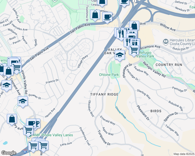 map of restaurants, bars, coffee shops, grocery stores, and more near 112 Garnet Court in Hercules