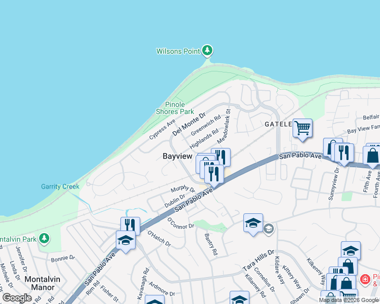 map of restaurants, bars, coffee shops, grocery stores, and more near 2228 Highlands Road in San Pablo