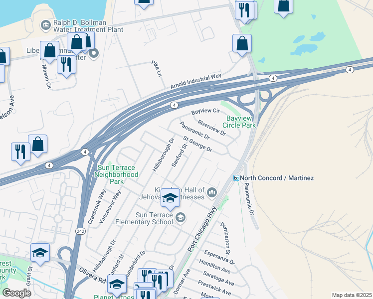 map of restaurants, bars, coffee shops, grocery stores, and more near 3751 Sanford Street in Concord