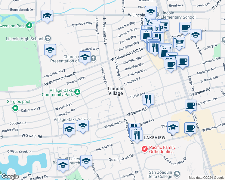 map of restaurants, bars, coffee shops, grocery stores, and more near 1415 Douglas Road in Stockton