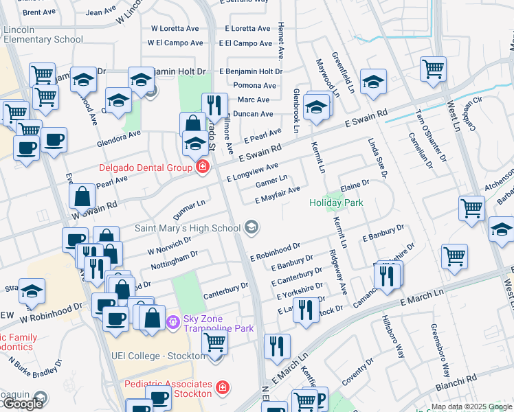 map of restaurants, bars, coffee shops, grocery stores, and more near 205 East Mayfair Avenue in Stockton