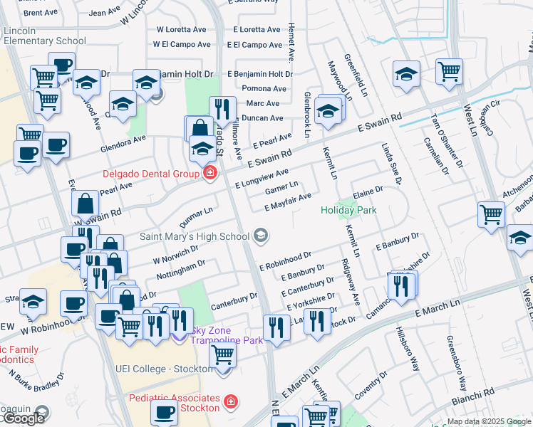 map of restaurants, bars, coffee shops, grocery stores, and more near 205 East Mayfair Avenue in Stockton