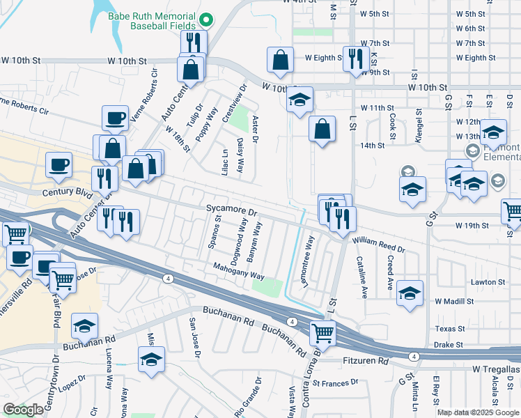 map of restaurants, bars, coffee shops, grocery stores, and more near 1604 Sycamore Drive in Antioch