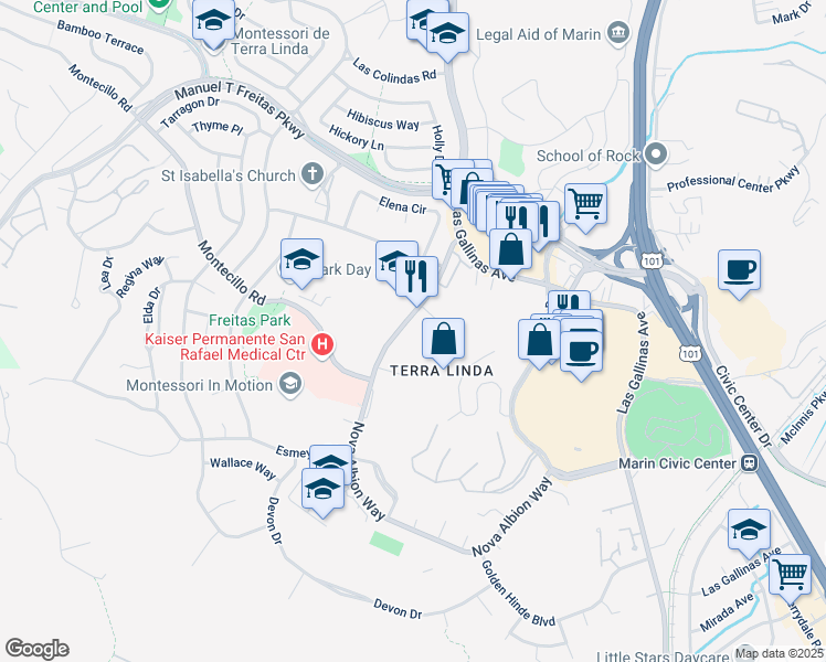 map of restaurants, bars, coffee shops, grocery stores, and more near 175 Nova Albion Way in San Rafael