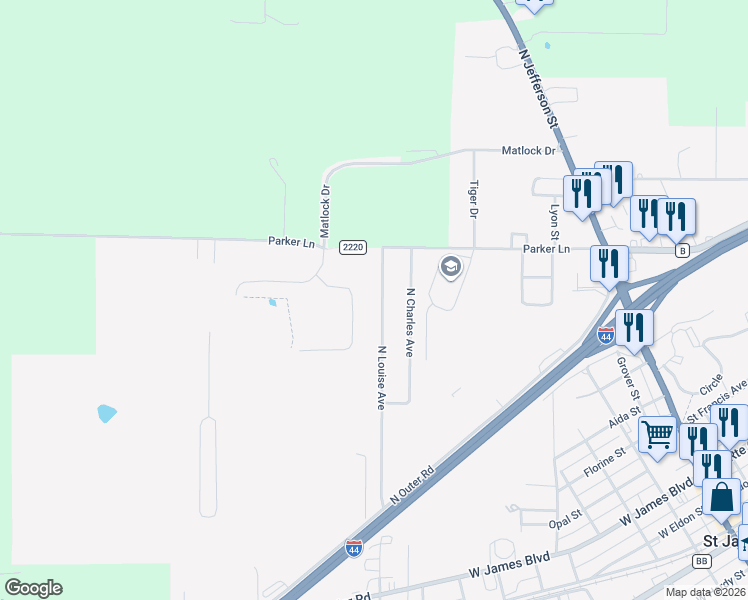 map of restaurants, bars, coffee shops, grocery stores, and more near 613 North Louise Avenue in Saint James