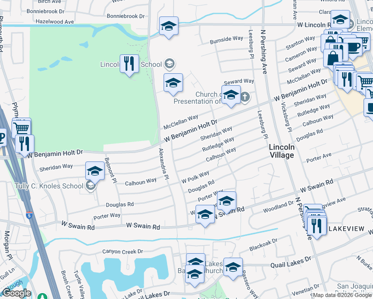 map of restaurants, bars, coffee shops, grocery stores, and more near 2004 Sheridan Way in Stockton