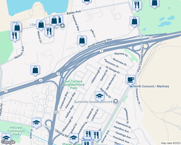 map of restaurants, bars, coffee shops, grocery stores, and more near 3730 Edmonton Way in Concord