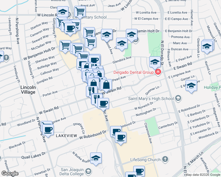 map of restaurants, bars, coffee shops, grocery stores, and more near 6036 Evelyn Avenue in Stockton