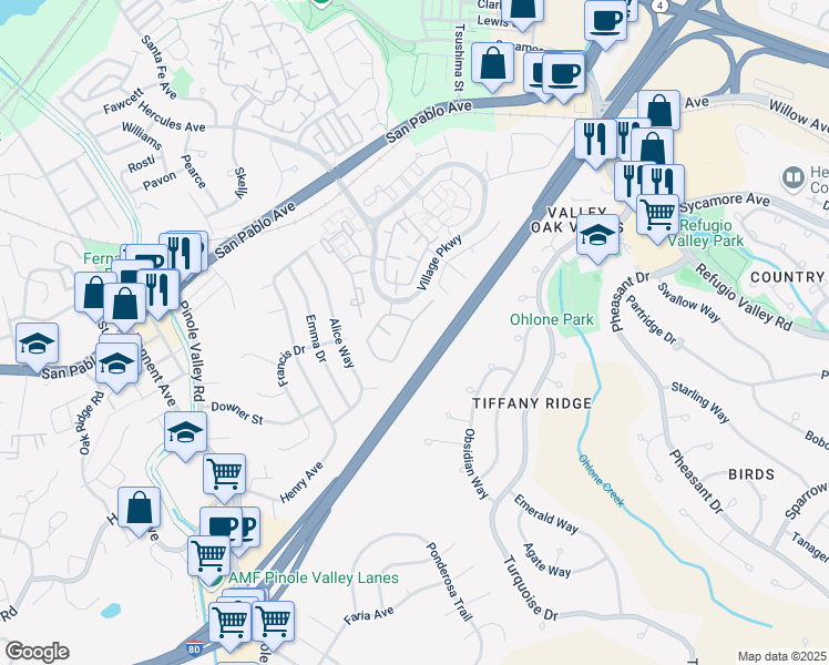 map of restaurants, bars, coffee shops, grocery stores, and more near 266 Scotts Valley in Hercules