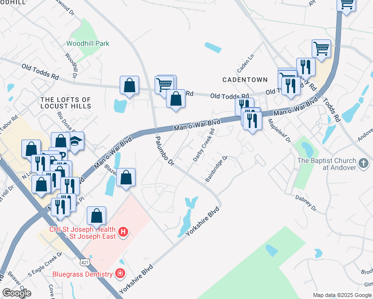 map of restaurants, bars, coffee shops, grocery stores, and more near 2875 Palumbo Drive in Lexington