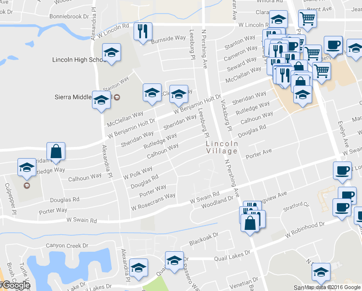map of restaurants, bars, coffee shops, grocery stores, and more near 1648 Calhoun Way in Stockton