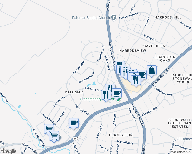 map of restaurants, bars, coffee shops, grocery stores, and more near 2242 Stone Garden Ln in Lexington