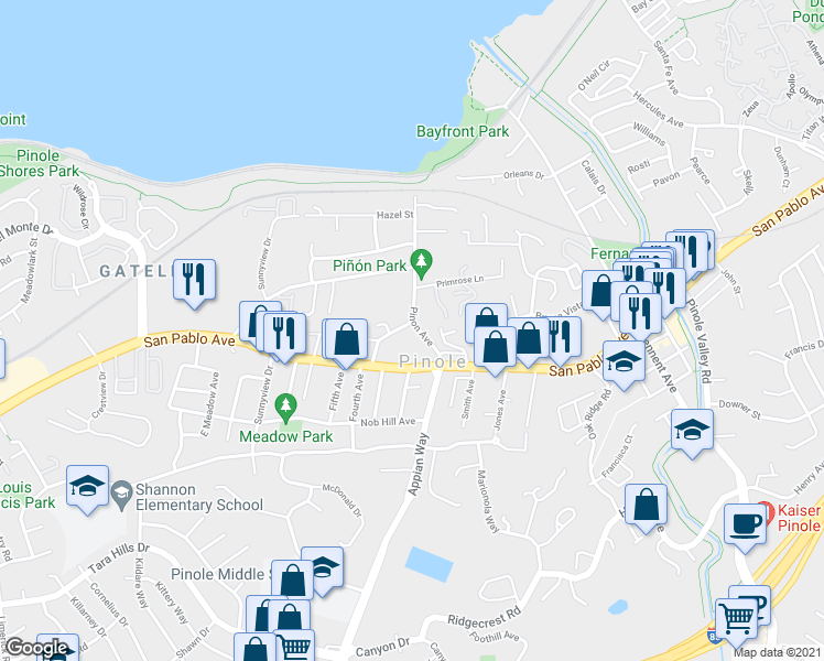 map of restaurants, bars, coffee shops, grocery stores, and more near 660 Pinon Avenue in Pinole