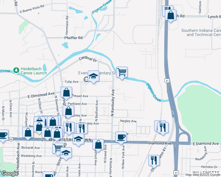 map of restaurants, bars, coffee shops, grocery stores, and more near 2770 North Kentucky Avenue in Evansville