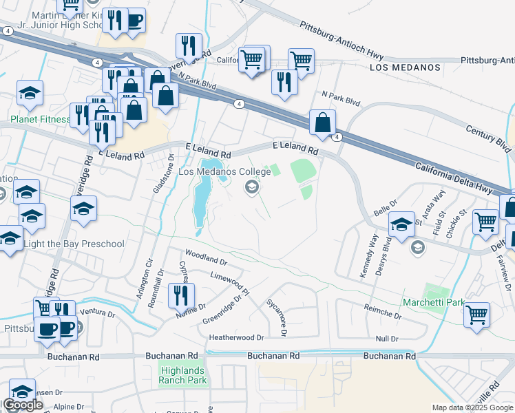map of restaurants, bars, coffee shops, grocery stores, and more near 2700 East Leland Road in Pittsburg