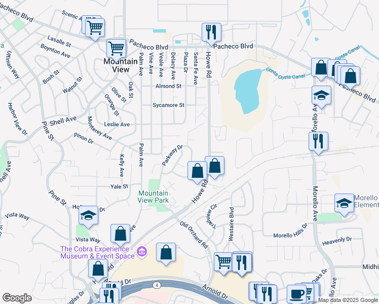 map of restaurants, bars, coffee shops, grocery stores, and more near 2877 Parkway Drive in Martinez