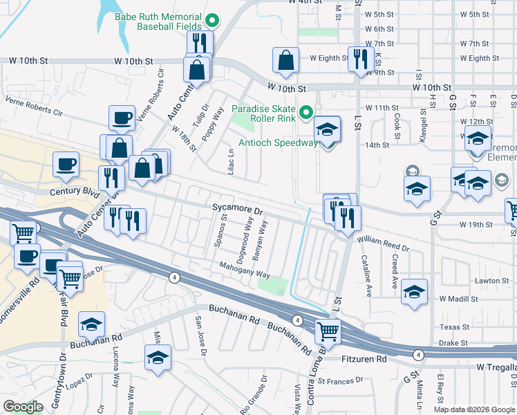 map of restaurants, bars, coffee shops, grocery stores, and more near 1608 Sycamore Drive in Antioch