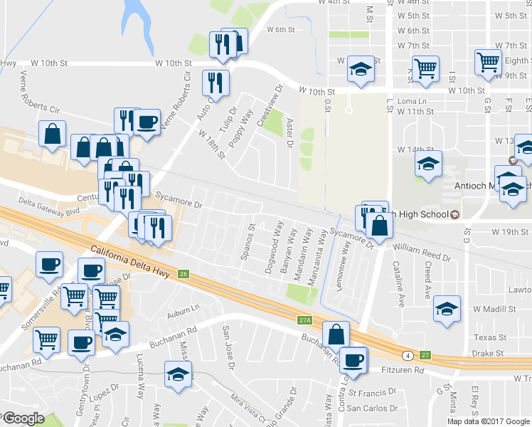 map of restaurants, bars, coffee shops, grocery stores, and more near 1749 Sycamore Drive in Antioch