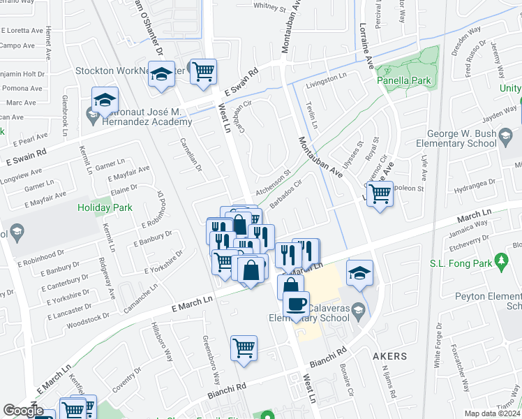 map of restaurants, bars, coffee shops, grocery stores, and more near 5305 Barbados Circle in Stockton