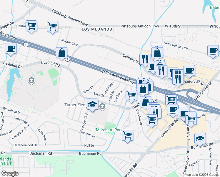 map of restaurants, bars, coffee shops, grocery stores, and more near 2221 Arata Way in Antioch