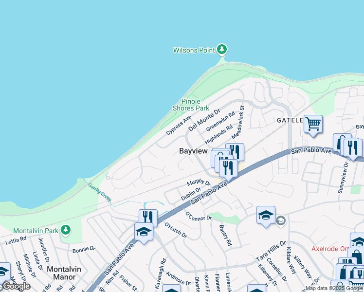 map of restaurants, bars, coffee shops, grocery stores, and more near 2180 Del Monte Drive in San Pablo
