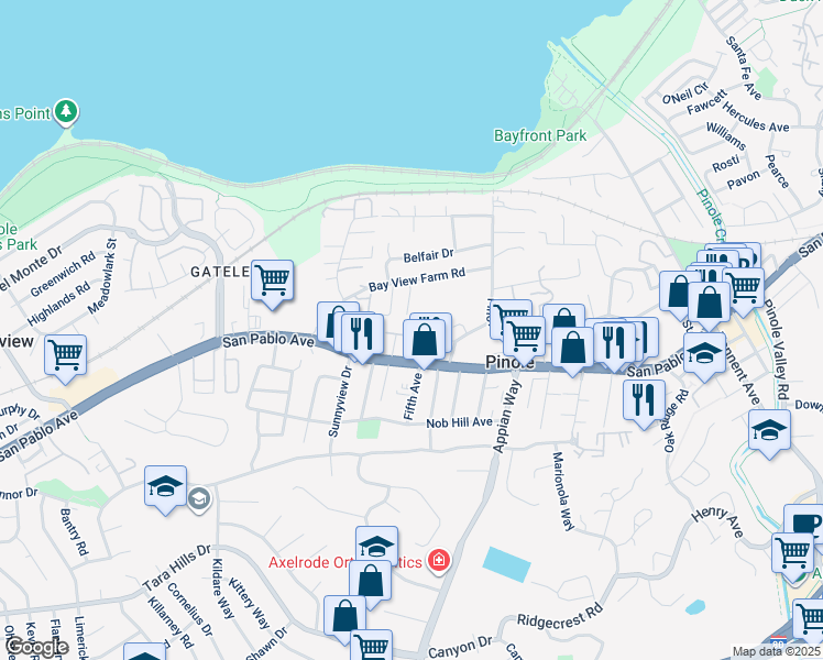 map of restaurants, bars, coffee shops, grocery stores, and more near 1160 Encina Avenue in Pinole