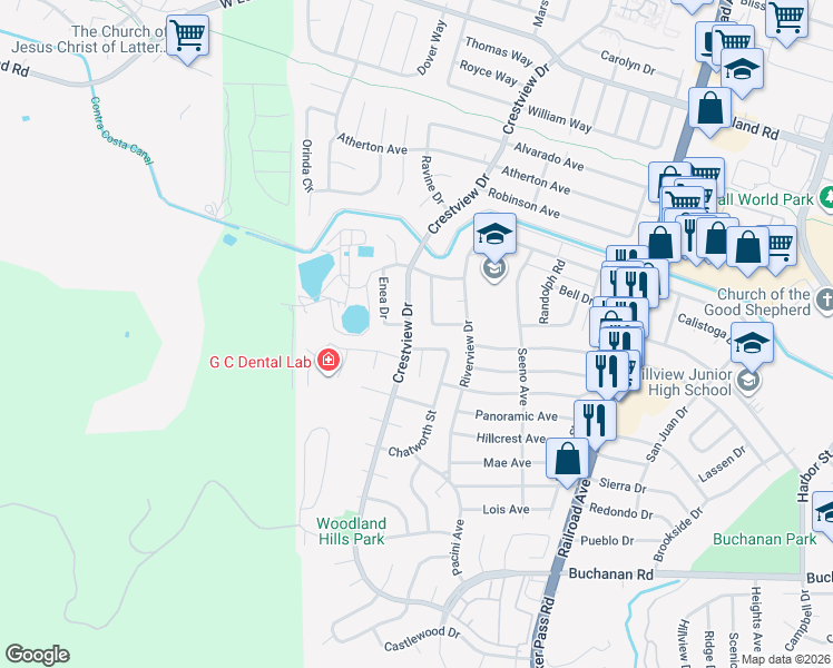 map of restaurants, bars, coffee shops, grocery stores, and more near 3791 Crestview Drive in Pittsburg