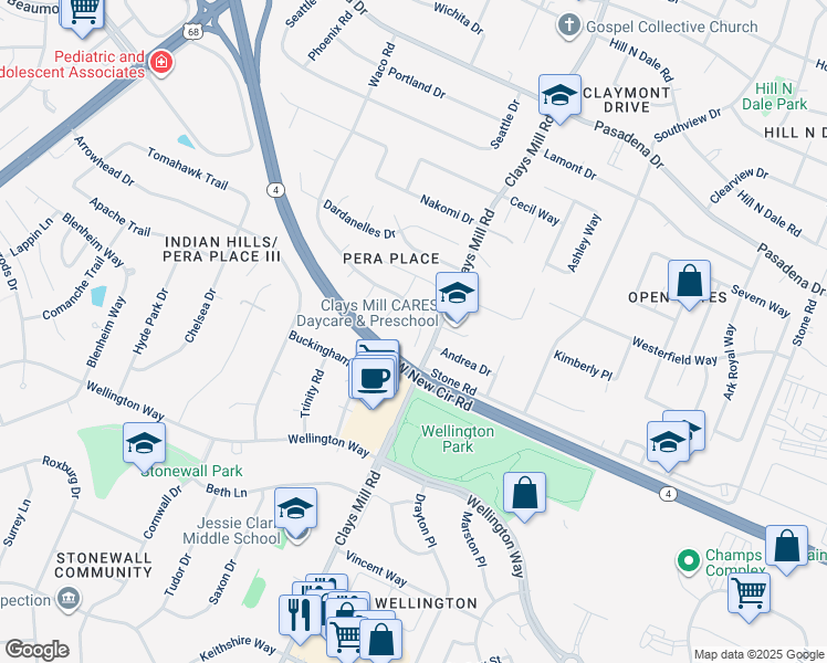 map of restaurants, bars, coffee shops, grocery stores, and more near 3013 Redbud Court in Lexington