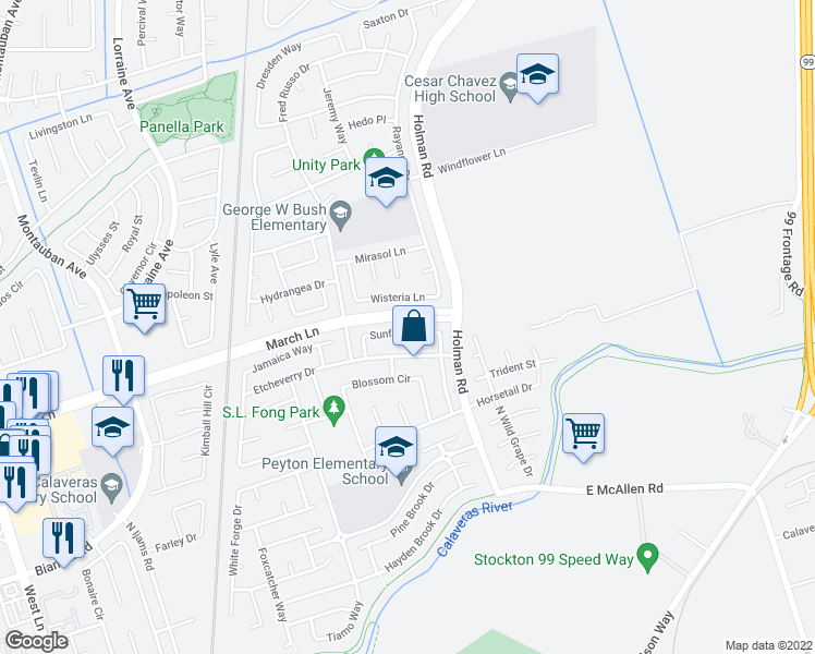 map of restaurants, bars, coffee shops, grocery stores, and more near 2745 Sunflower Circle in Stockton