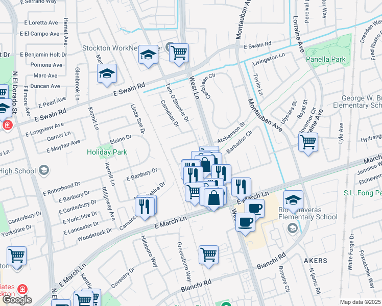 map of restaurants, bars, coffee shops, grocery stores, and more near 5448 Carrington Circle in Stockton