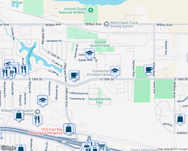 map of restaurants, bars, coffee shops, grocery stores, and more near 1504 Hargrove Court in Antioch