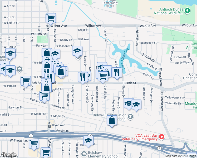 map of restaurants, bars, coffee shops, grocery stores, and more near 1708 Noia Avenue in Antioch