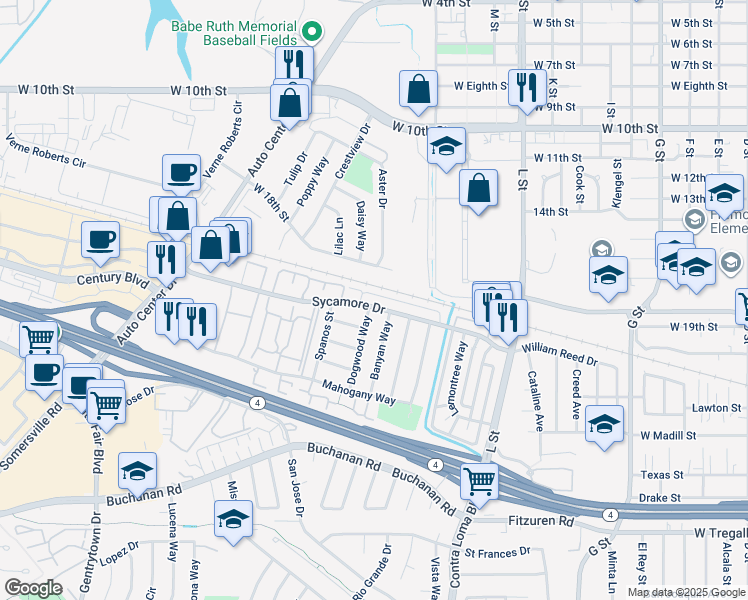 map of restaurants, bars, coffee shops, grocery stores, and more near 1604 Sycamore Drive in Antioch