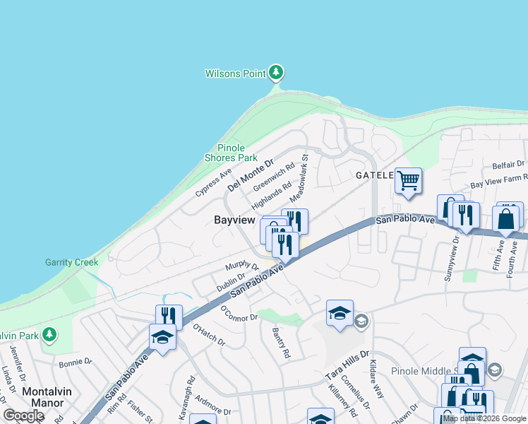 map of restaurants, bars, coffee shops, grocery stores, and more near 2228 Highlands Road in San Pablo