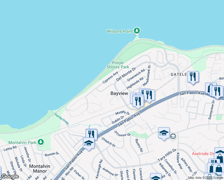 map of restaurants, bars, coffee shops, grocery stores, and more near 2180 Del Monte Drive in San Pablo