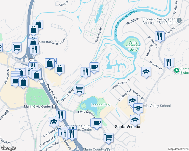 map of restaurants, bars, coffee shops, grocery stores, and more near 111 McInnis Parkway in San Rafael