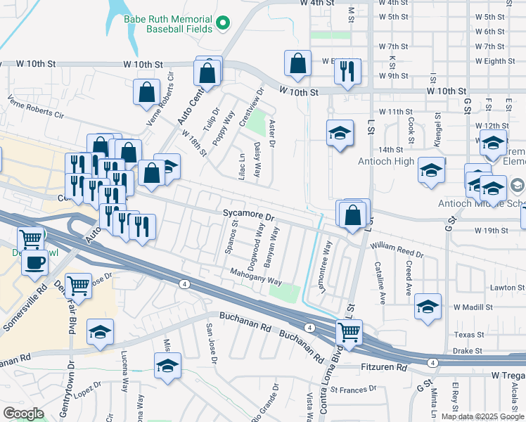 map of restaurants, bars, coffee shops, grocery stores, and more near 1616 Sycamore Drive in Antioch