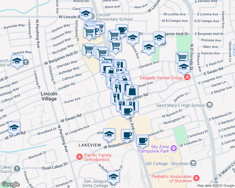 map of restaurants, bars, coffee shops, grocery stores, and more near 6123 Pacific Avenue in Stockton