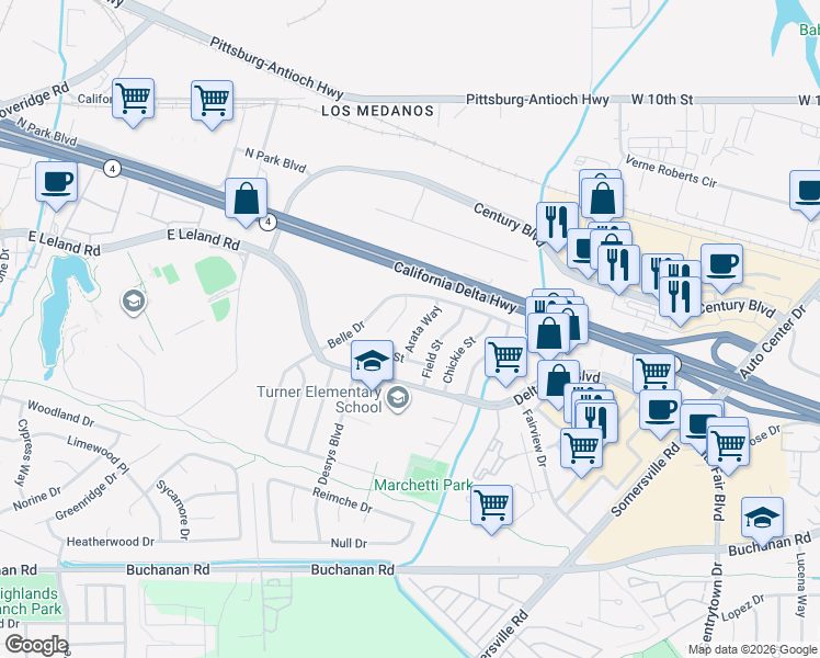 map of restaurants, bars, coffee shops, grocery stores, and more near 2228 Arata Way in Antioch