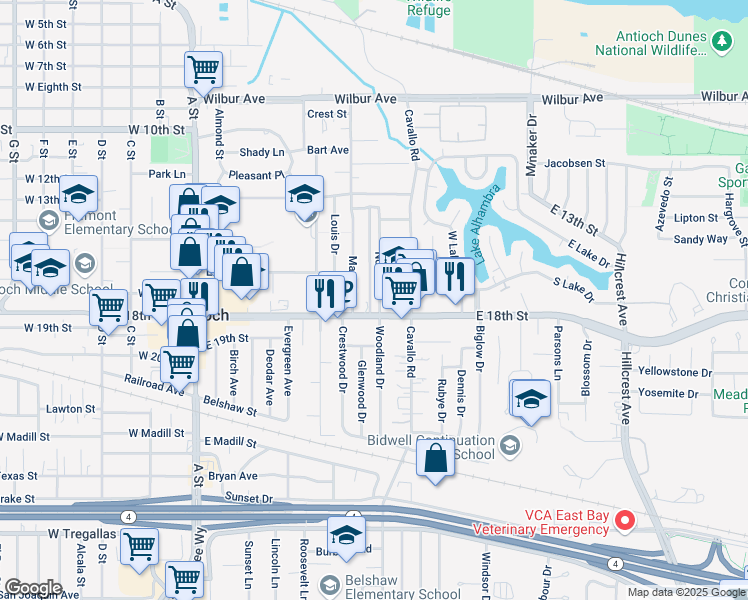 map of restaurants, bars, coffee shops, grocery stores, and more near 1708 Noia Avenue in Antioch