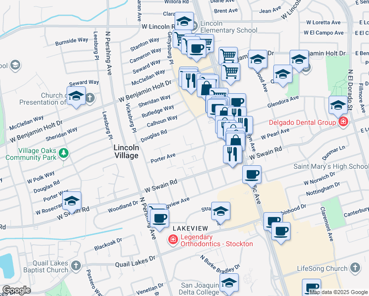map of restaurants, bars, coffee shops, grocery stores, and more near 999 Porter Avenue in Stockton