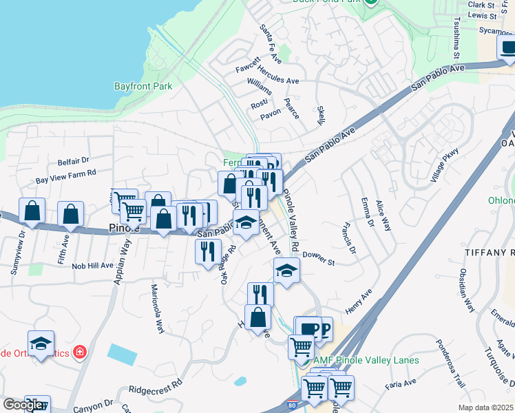 map of restaurants, bars, coffee shops, grocery stores, and more near 2337 San Pablo Avenue in Pinole
