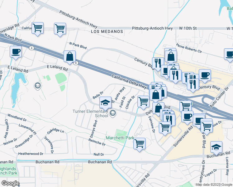 map of restaurants, bars, coffee shops, grocery stores, and more near 2228 Arata Way in Antioch